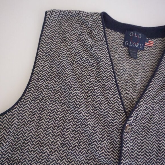 Vintage Old Glory Navy White 3D Knit Chevron 100% Cotton Button Vest Sweater M - Picture 7 of 11